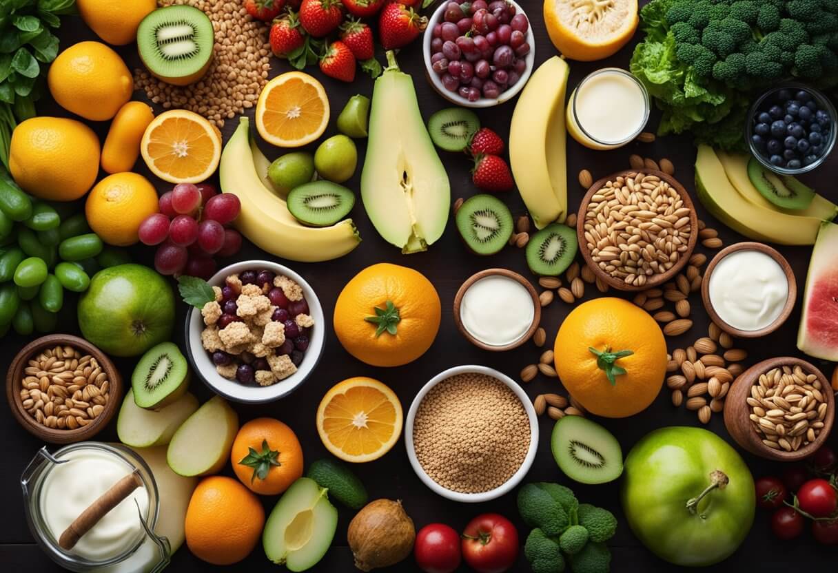 A colorful array of fruits, vegetables, whole grains, lean proteins, and dairy products arranged on a table