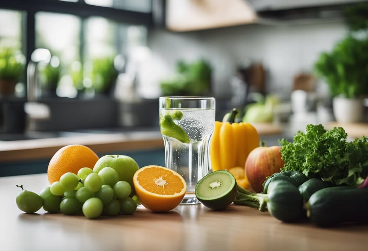 A glass of water sits next to a variety of fresh fruits and vegetables on a kitchen counter