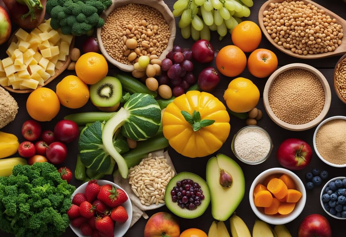 A colorful array of fruits, vegetables, whole grains, and lean proteins arranged on a table, with a variety of dietary guidelines and resources displayed nearby