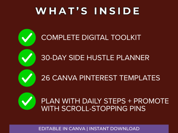 30-Day Side Hustle Planner + 26 Pinterest Templates | Canva Bundle - Image 4